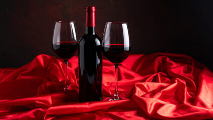 Bottle of Red Wine and Two Glasses on Elegant Red Satin Fabric