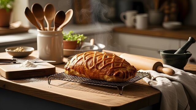 Warm Beef Wellington Cooling in Rustic Kitchen