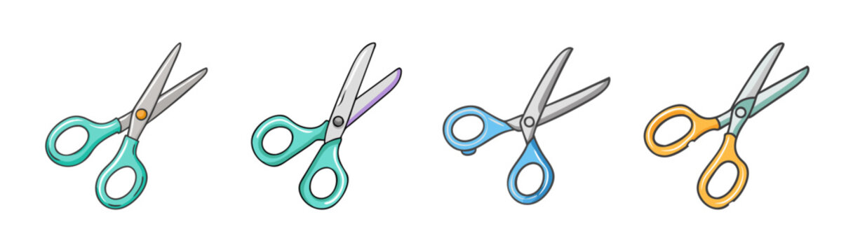 Set of four colorful cartoon scissors on a white background