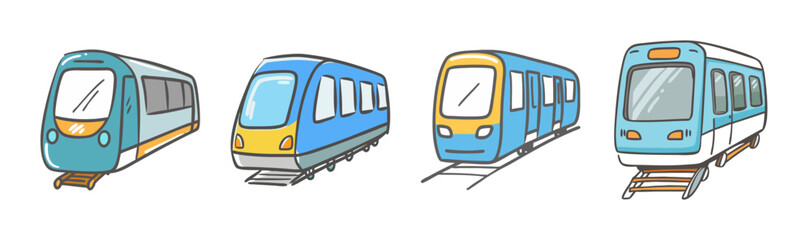 Four modern subway train illustrations, representing urban public transportation.
