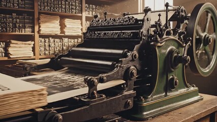 Antique printing press in a shop, heavy gears, ink, paper stacks, dusty vintage machinery, timeless
