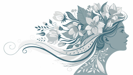 Elegant woman with flowers in hair, serene profile portrait