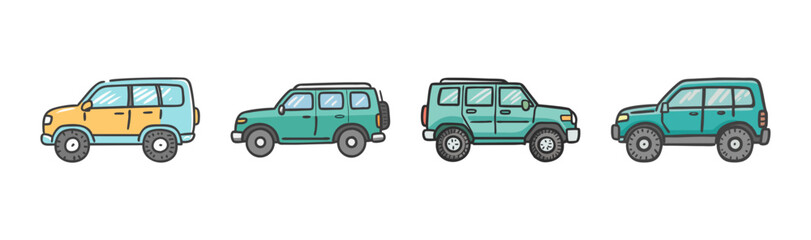 Four colorful hand-drawn vector illustrations of sport utility vehicles (SUVs) in profile.