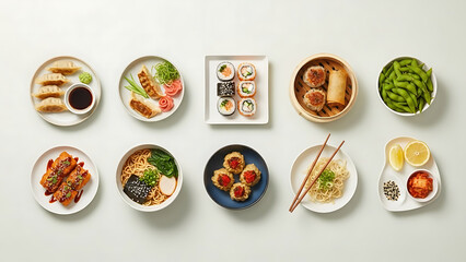 Ten different servings of Japanese cuisine items are neatly arranged on a clean white surface for a top-down view.