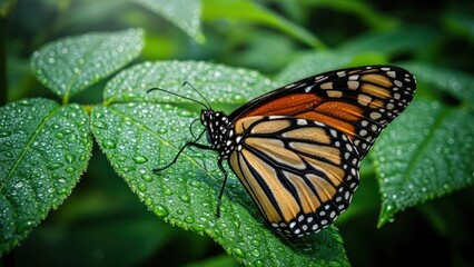 Monarch butterfly resting on dewy green leaves