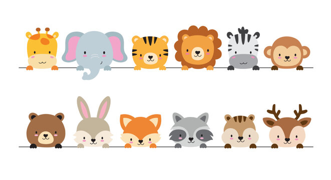 Cute wild animals peeking out vector illustration set featuring twelve animal characters. Includes giraffe, elephant, tiger, lion, rabbit, fox, raccoon, squirrel, bear, zebra, monkey, and deer.