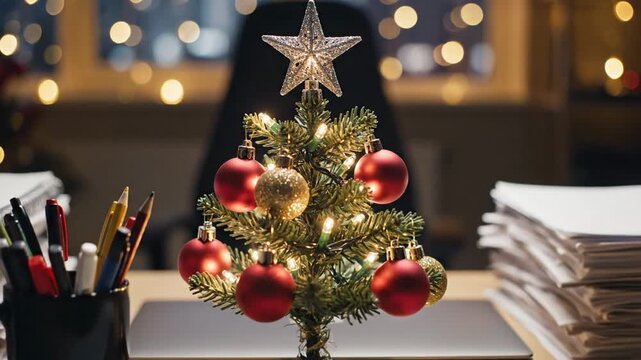 A tiny Christmas tree sits, on a cluttered desk with papers and pens, while warm lights blur softly