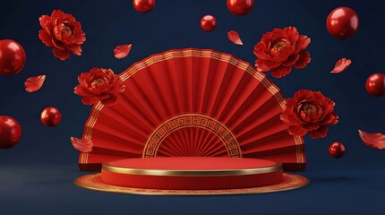 Elegant red podium display with traditional fan, floating flowers, and spheres on a dark blue background, perfect for festive product showcases.