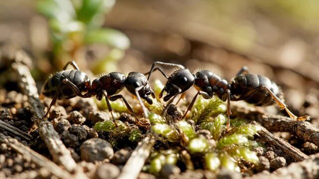 Two black ants traverse sunlit soil beside a tiny green shoot, foraging across pebbles near pebbles?