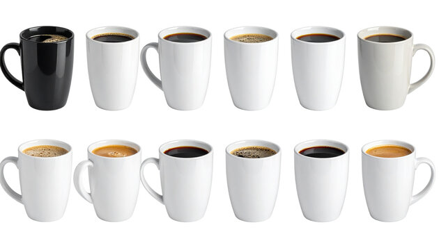 A white ceramic coffee cup set with empty porcelain mugs isolated on a blank background for a kitchen breakfast or cafe beverage