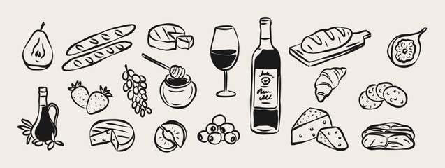 Naklejka premium Hand drawn wine tasting food collection