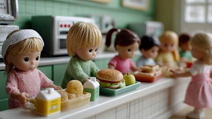 Fototapeta premium Cute dolls eating in miniature school cafeteria setting