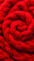 Coiled, thick red knit creates a spiral, its textured braids inviting touch and visual depth