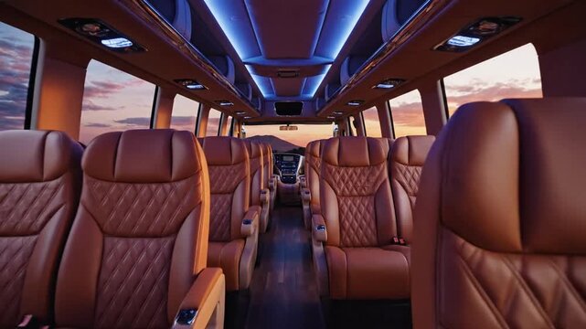 Luxurious coach interior with brown quilted seats, blue ceiling lights, sunset glow through windows