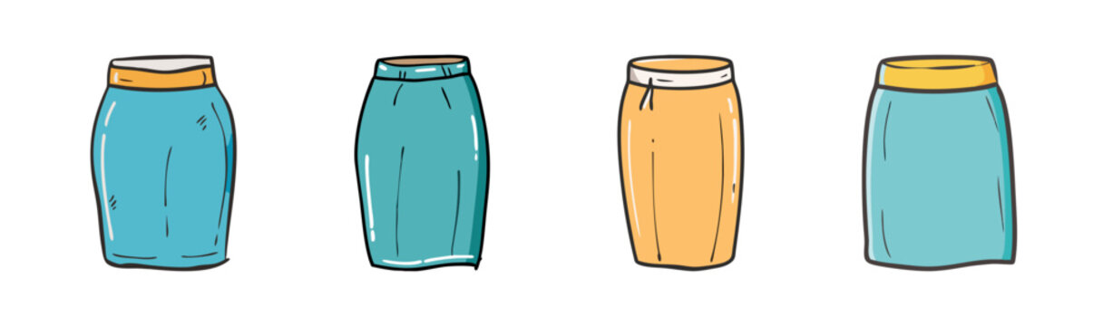 Group of four simple pencil skirts in blue and tan colors