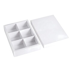 Open empty white cardboard box mockup with compartments inside with a matching lid isolated on white background