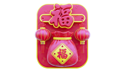 Chinese New Year Decoration with Lucky Bag and Lanterns