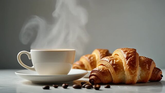 Hot coffee with steam and fresh croissants on white marble