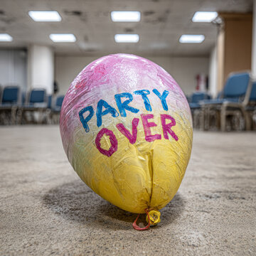 Deflated colorful balloon with 'Party Over' text in empty hall