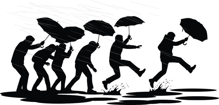 A black silhouette illustration of six people running in the rain, each holding an umbrella, depicted in a dynamic and chaotic scene with varying poses and movements.