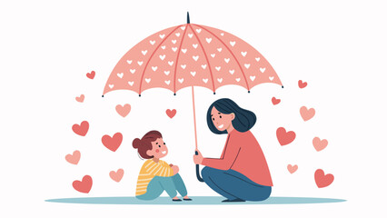Loving mother shielding her child under a heart-patterned umbrella