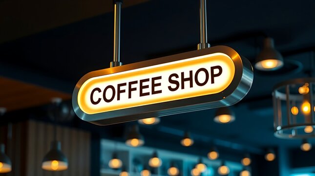 Sleek, pill-shaped, backlit signage with a brushed metal frame displaying the words "COFFEE SHOP" suspend from a ceiling in a dimly lit cafe