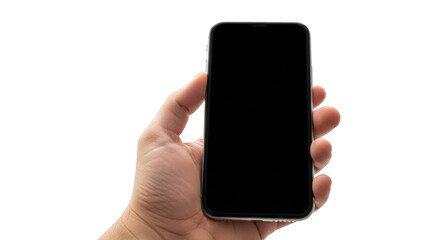 Hand holding smartphone isolated on transparent background