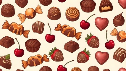 Chocolate Sweets Seamless Pattern Background. Assorted Truffles, Cherries and Strawberries. Delicious Valentine's Day Vector Texture for Gift Wrapping Paper, Food Packaging and Menu Design.