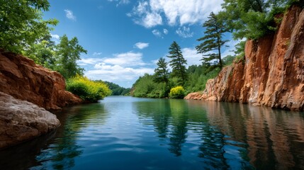 Calm river flowing between red rock cliffs and green trees