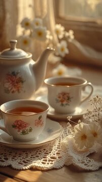 Floral tea cups on a doily with teapot by a sunny window with flowers