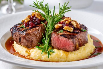 Filet mignon steaks with mashed potatoes and rosemary