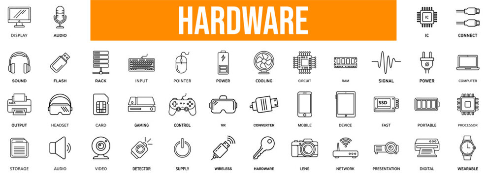 Essential modern technology hardware devices and computer component outline vector line icons are presented clearly as a comprehensive graphic resource collection.