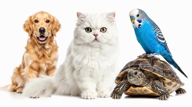 Group of different pets: dog, cat, parrot and turtle sitting together on isolated white background for advertising food, veterinary clinic, pet store, animal shelter.