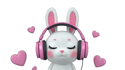 Cute Bunny Listening to Music with Pink Headphones and Hearts