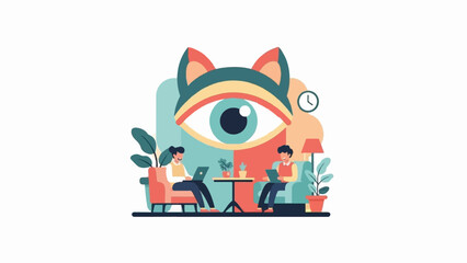 Fototapeta premium People working on laptops in a cozy room with a large eye motif