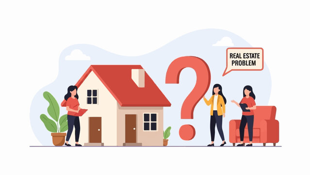 People discussing a real estate problem with a house, question mark, and speech bubble