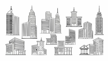Collection of Hand Drawn City Buildings and Skyscrapers.