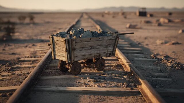 Wooden ore cart loaded with rocks abandoned desert railroad track sunset, wooden mining cart filled with rocks old desert rail track golden hour, rusty industrial wooden cart deserted track evoking