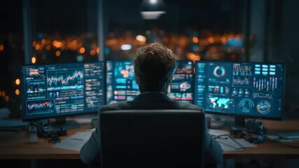 Data analyst monitoring multiple financial chart dashboards on three large screens in dim night office with screen glow technology analytics trading multiple monitor focused and attentive - Powered by Adobe