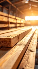 Stacked wooden planks fill the frame in a bright, sunlit warehouse, with a shallow depth of field
