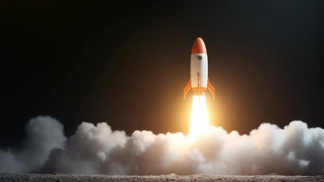 Retro style rocket launching into dark sky with bright flame and billowing smoke retro rocket liftoff night with glowing exhaust, dramatic lighting and cinematic smoke plume retro style spacecraft