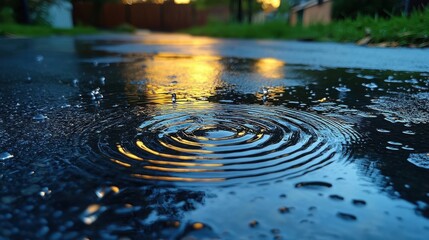 Water Ripples Reflecting Golden Light on a Wet Asphalt Path at Dusk