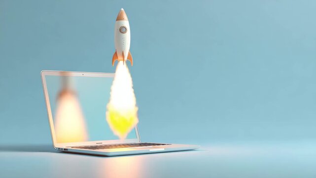 Rocket launching from laptop screen with bright flame and motion blur conveying excitement and digital innovation minimalist studio setting and rocket launching from laptop with smoke and flame
