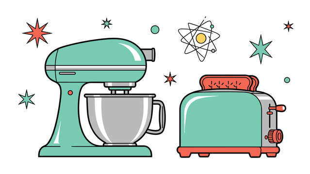 Retro style kitchen appliances including a mint green stand mixer and matching two-slice toaster with cosmic background elements.