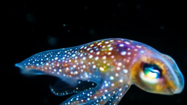 Vibrant squid swimming in dark water with detailed color and texture