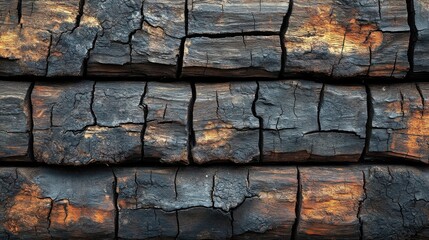 Close Up Macro Of Charred Wood Texture With Deep Cracks And Ash Details