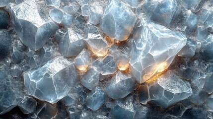 Abstract Close Up of Crystalline Structures with Inner Glowing Light and Scattered Particles