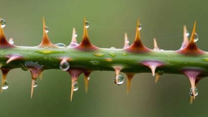 Close-up of raindrop-covered thorny stem with sharp spikes and green background