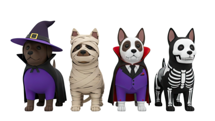 Four dogs in Halloween costumes: Witch, Mummy, Vampire, Skeleton