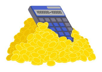 Isometric accounting calculator lies in a pile of gold coins. Isolated cartoon vector on white background top view